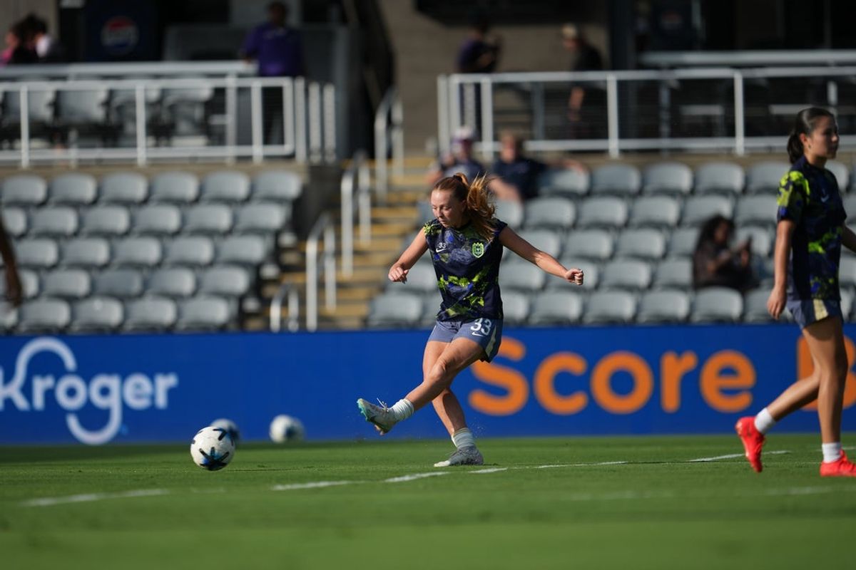 Aug 19, 2026; Louisville, Kentucky, USA; Seattle Reign FC forward Ruby Hladek (33) warms up before the game against Racing Louisville FC at Lynn Family Stadium. Mandatory Credit: EM Dash-Imagn Images