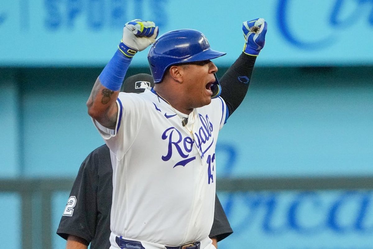 Aug 19, 2026; Kansas City, Missouri, USA; Kansas City Royals designated hitter Salvador Perez (13) celebrates toward the dugout after hitting a one run double against the Athletics during the fourth inning at Kauffman Stadium. Mandatory Credit: Denny Medley-Imagn Images
