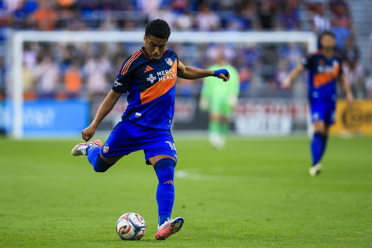 Aug 19, 2026; Cincinnati, Ohio, USA; FC Cincinnati forward Evander (10) kicks the ball against New York City FC in the first half at TQL Stadium. Mandatory Credit: Katie Stratman-Imagn Images