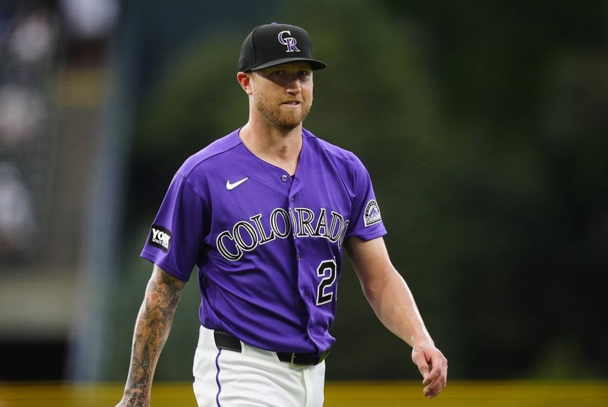 Aug 19, 2026; Denver, Colorado, USA; Colorado Rockies starting pitcher Kyle Freeland (21) reacts after leaving the mound in the first inning against the Los Angeles Dodgers at Coors Field. Mandatory Credit: Ron Chenoy-Imagn Images