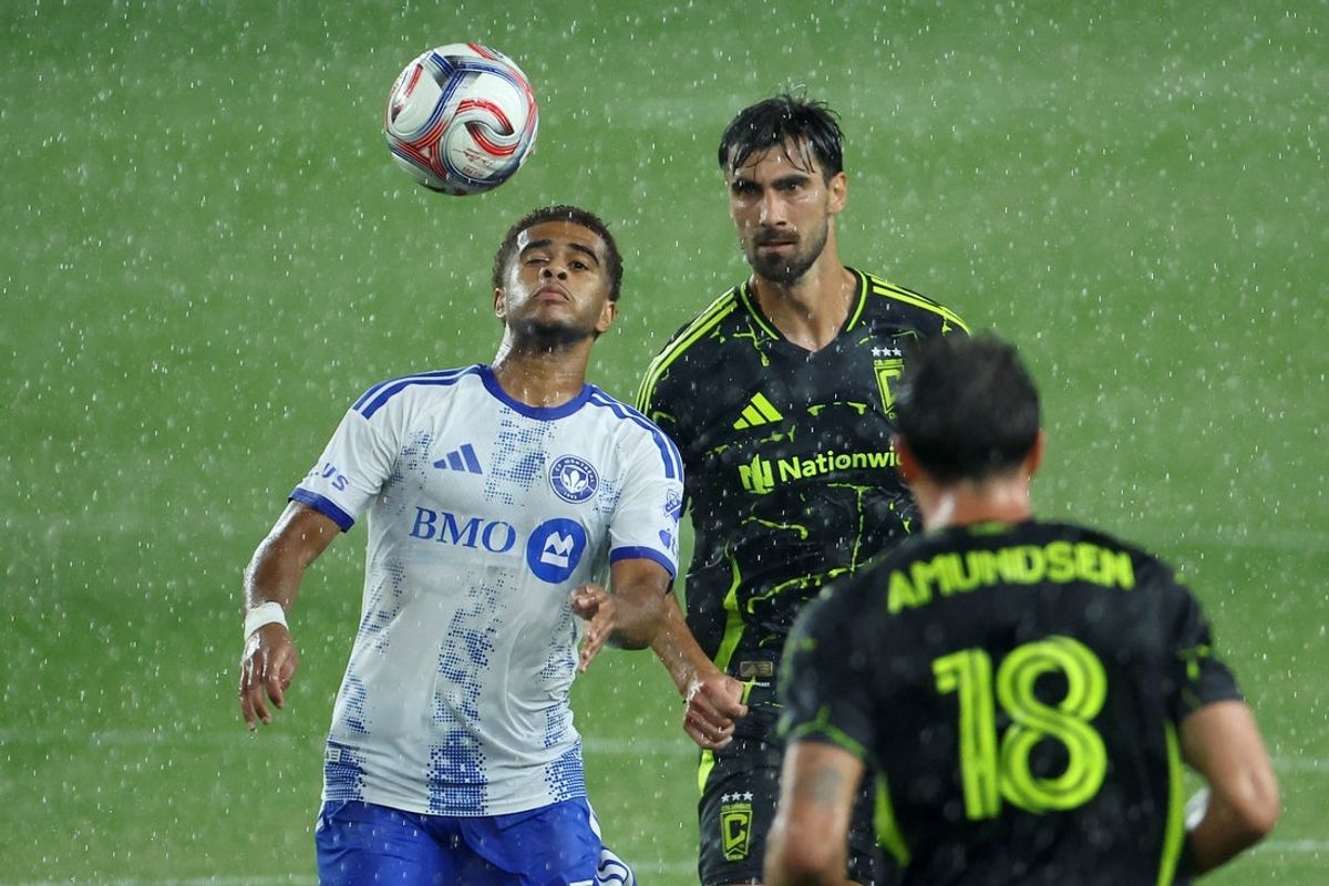 Aug 19, 2026; Columbus, Ohio, USA; CF Montreal forward Noah Streit (23) heads the ball during the second half against the Columbus Crew at ScottsMiracle-Gro Field. Mandatory Credit: Joseph Maiorana-Imagn Images