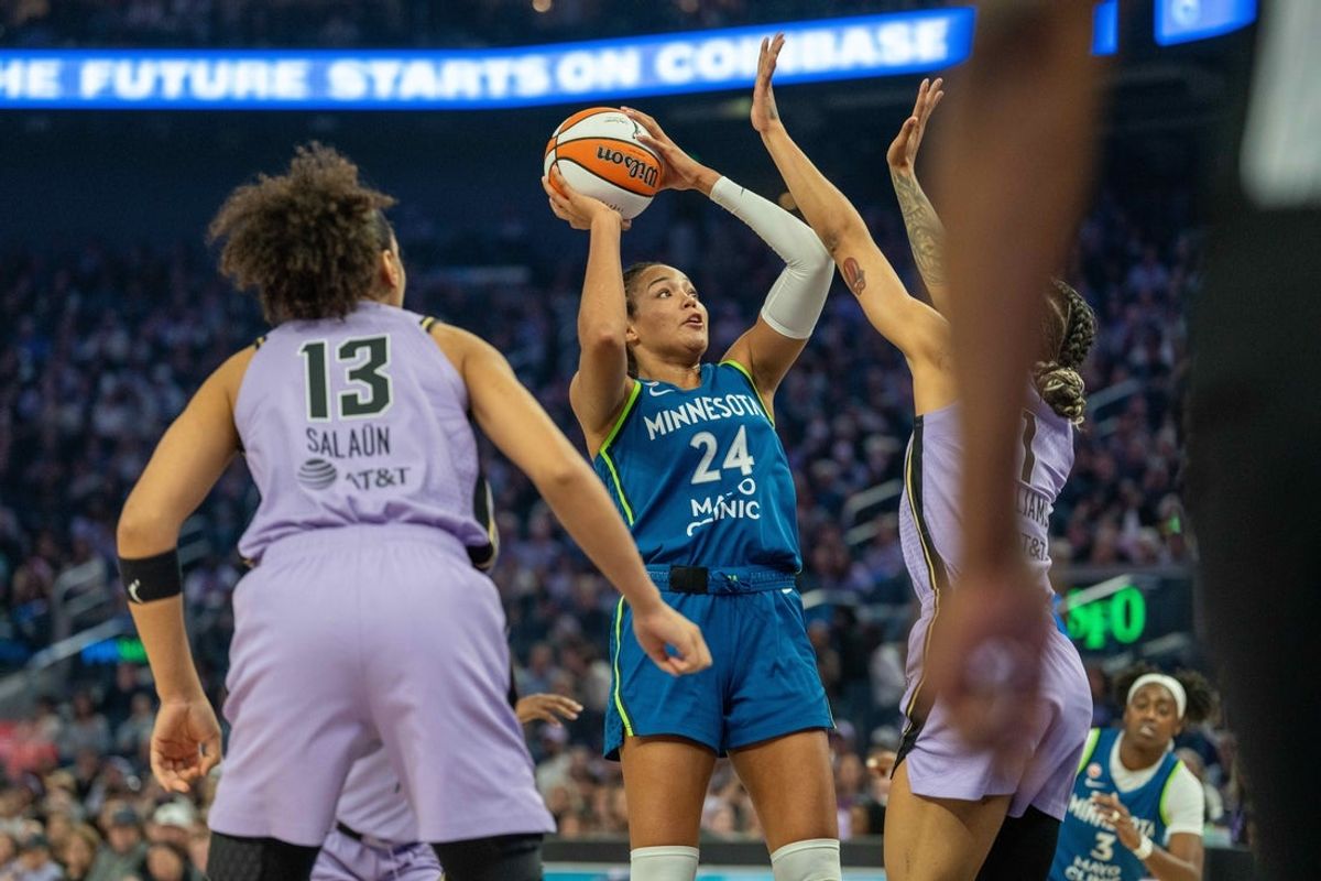 Aug 19, 2026; San Francisco, California, USA; Minnesota Lynx forward Napheesa Collier (24) shoots the basketball against Golden State Valkyries forward Gabby Williams (1) during the first quarter at Chase Center. Mandatory Credit: Neville E. Guard-Imagn Images