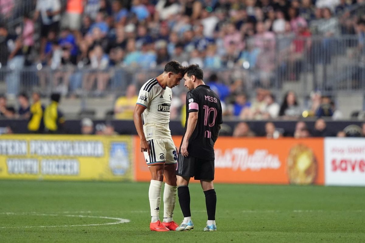Aug 19, 2026; Chester, Pennsylvania, USA; Philadelphia Union midfielder Quinn Sullivan (33) and Inter Miami CF forward Lionel Messi (10) react in the second half at Subaru Park. Mandatory Credit: Kyle Ross-Imagn Images