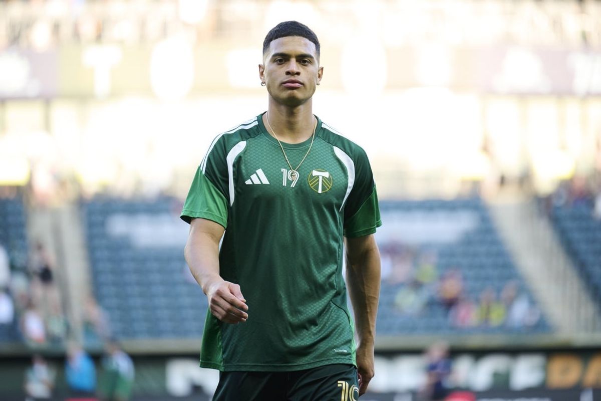 Aug 19, 2026; Portland, Oregon, USA; Portland Timbers forward Kevin Kelsy (19) warms up before a game against San Diego FC at Providence Park. Mandatory Credit: Troy Wayrynen-Imagn Images