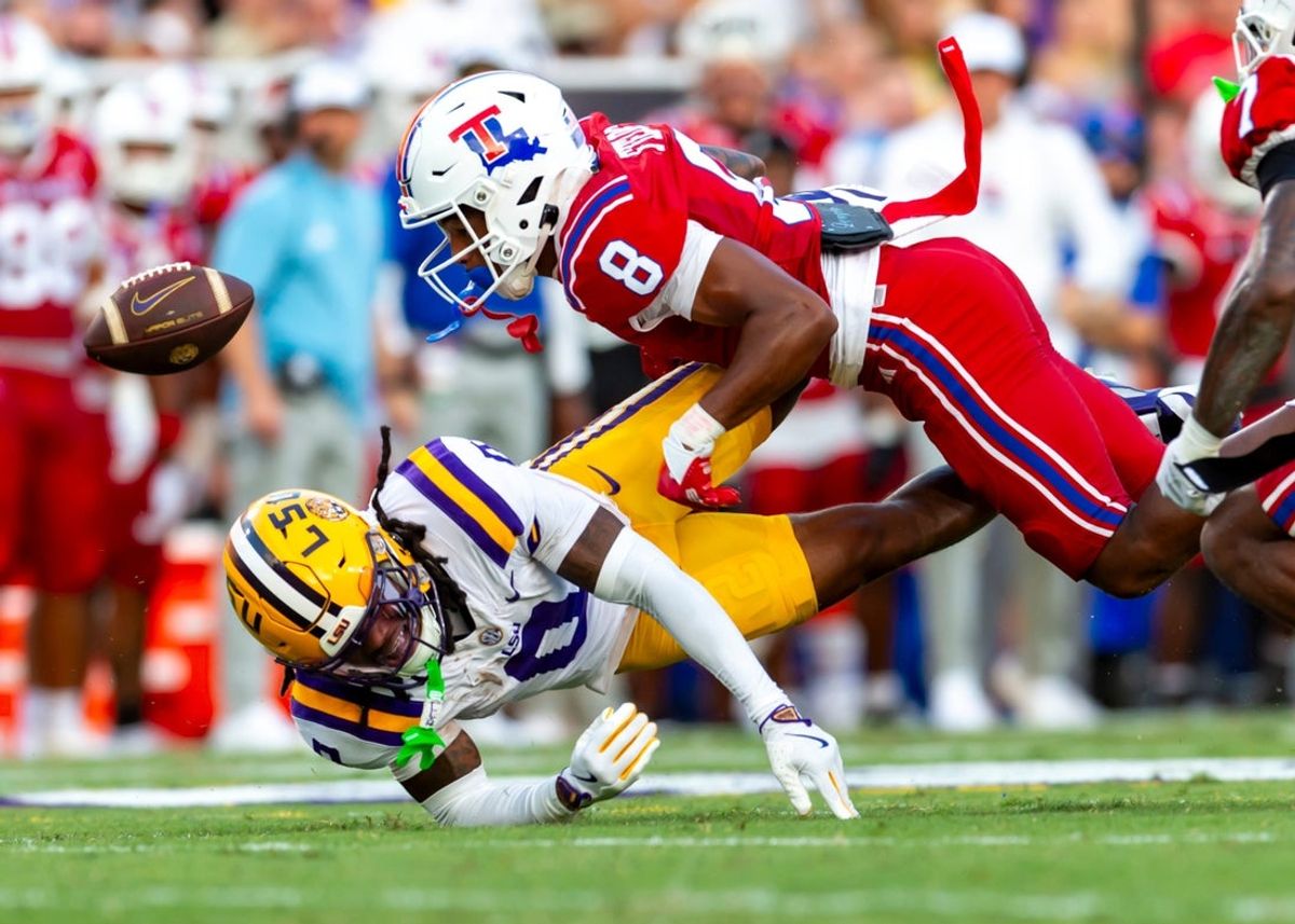 Louisiana Tech's Jacob Fields (8) breaks up a pass intended for LSU receiver Zavion Thomas (0) on Sept 6, 2025, in Baton Rouge, La.