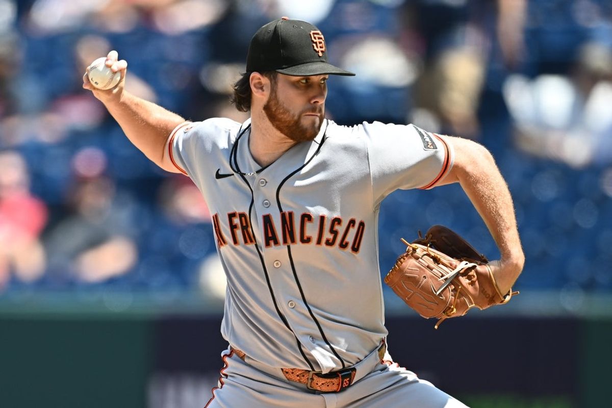 Aug 20, 2026; Cleveland, Ohio, USA; San Francisco Giants pitcher Landen Roupp (65) throws a pitch during the first inning against the Cleveland Guardians at Progressive Field. Mandatory Credit: Ken Blaze-Imagn Images