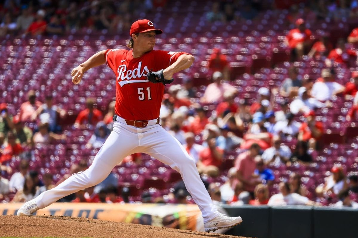 Aug 20, 2026; Cincinnati, Ohio, USA; Cincinnati Reds starting pitcher Brady Singer (51) pitches against the St. Louis Cardinals in the second inning at Great American Ball Park. Mandatory Credit: Katie Stratman-Imagn Images