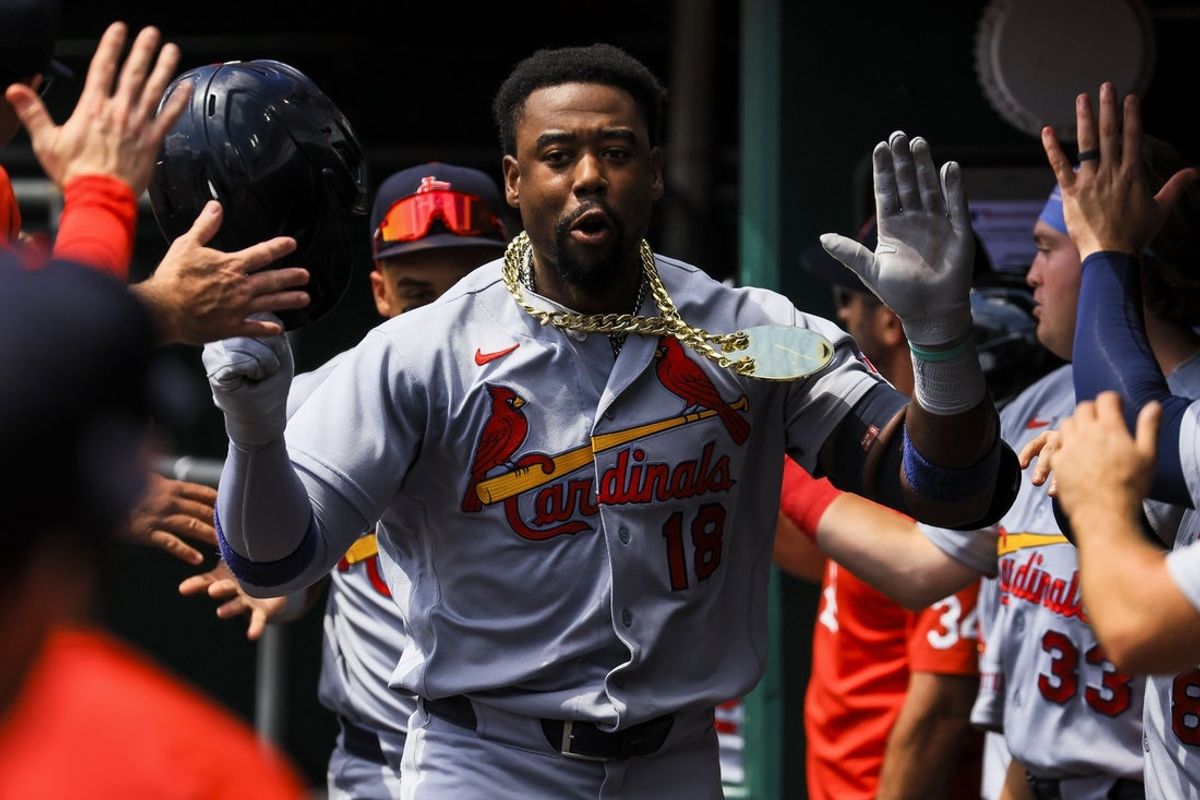 Aug 20, 2026; Cincinnati, Ohio, USA; St. Louis Cardinals outfielder Jordan Walker (18) high fives teammates after hitting a three-run home run in the third inning against Cincinnati Reds at Great American Ball Park. Mandatory Credit: Katie Stratman-Imagn Images