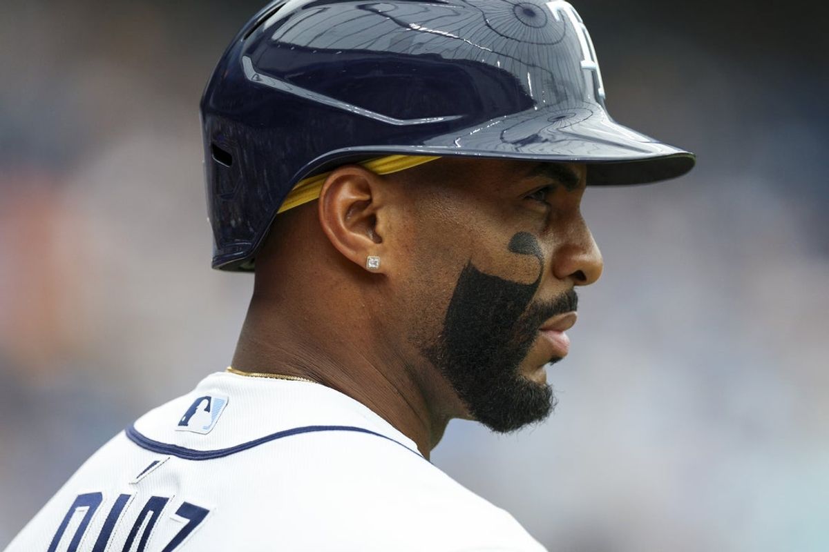 Aug 20, 2026; St. Petersburg, Florida, USA; Tampa Bay Rays designated hitter Yandy Diaz (2) looks on from the battles circle against the Toronto Blue Jays in the fourth inning at Tropicana Field. Mandatory Credit: Nathan Ray Seebeck-Imagn Images
