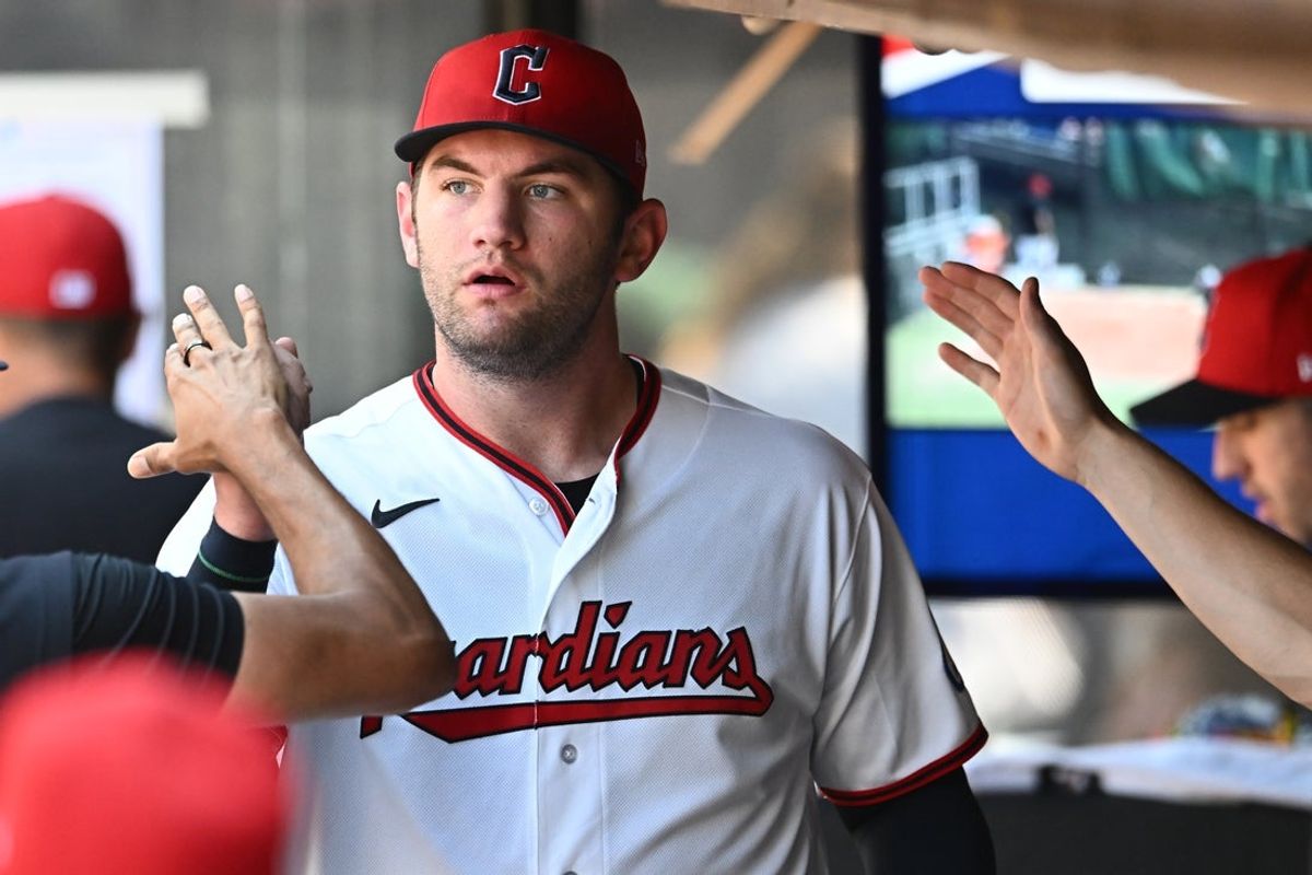 Aug 20, 2026; Cleveland, Ohio, USA; Cleveland Guardians pitcher Gavin Williams (32) celebrates during the sixth inning against the San Francisco Giants at Progressive Field. Mandatory Credit: Ken Blaze-Imagn Images