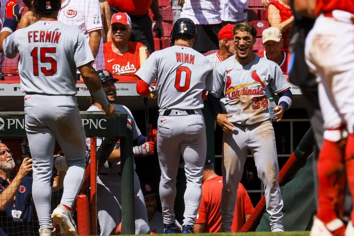 Aug 20, 2026; Cincinnati, Ohio, USA; St. Louis Cardinals second baseman Bryan Torres (39) reacts after pinch runner Masyn Winn (0) and pinch hitter Jose Fermin (15) score on a fielding error hit by shortstop JJ Wetherholt (not pictured) in the ninth inning against the Cincinnati Reds at Great American Ball Park. Mandatory Credit: Katie Stratman-Imagn Images
