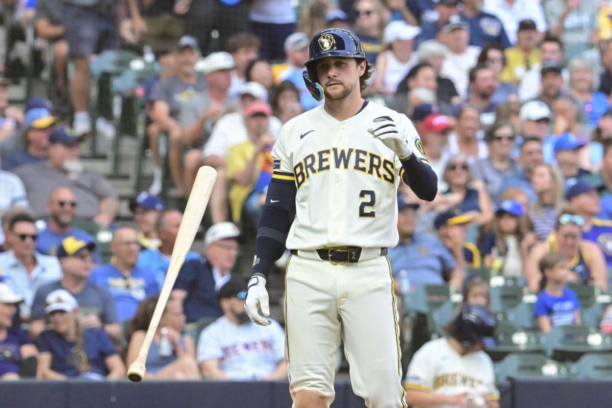 Aug 20, 2026; Milwaukee, Wisconsin, USA;  Milwaukee Brewers second baseman Brice Turang (2) reacts after striking out in the sixth inning against the Seattle Mariners at American Family Field.  Mandatory Credit: Benny Sieu-Imagn Images