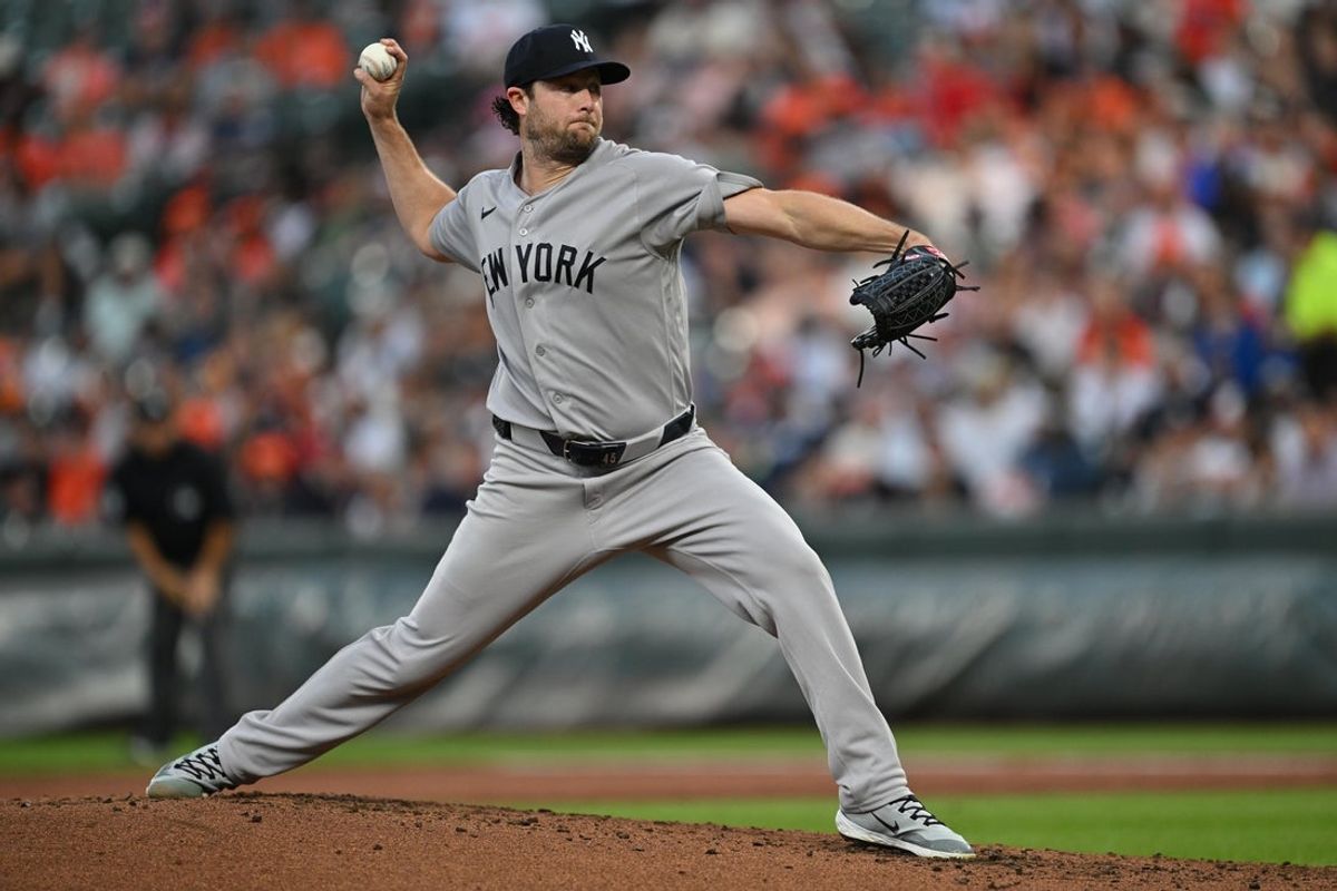 Aug 20, 2026; Baltimore, Maryland, USA;  New York Yankees pitcher Gerrit Cole (45) pitches in the second inning against the Baltimore Orioles at Oriole Park at Camden Yards. Mandatory Credit: Jamie Sabau-Imagn Images
