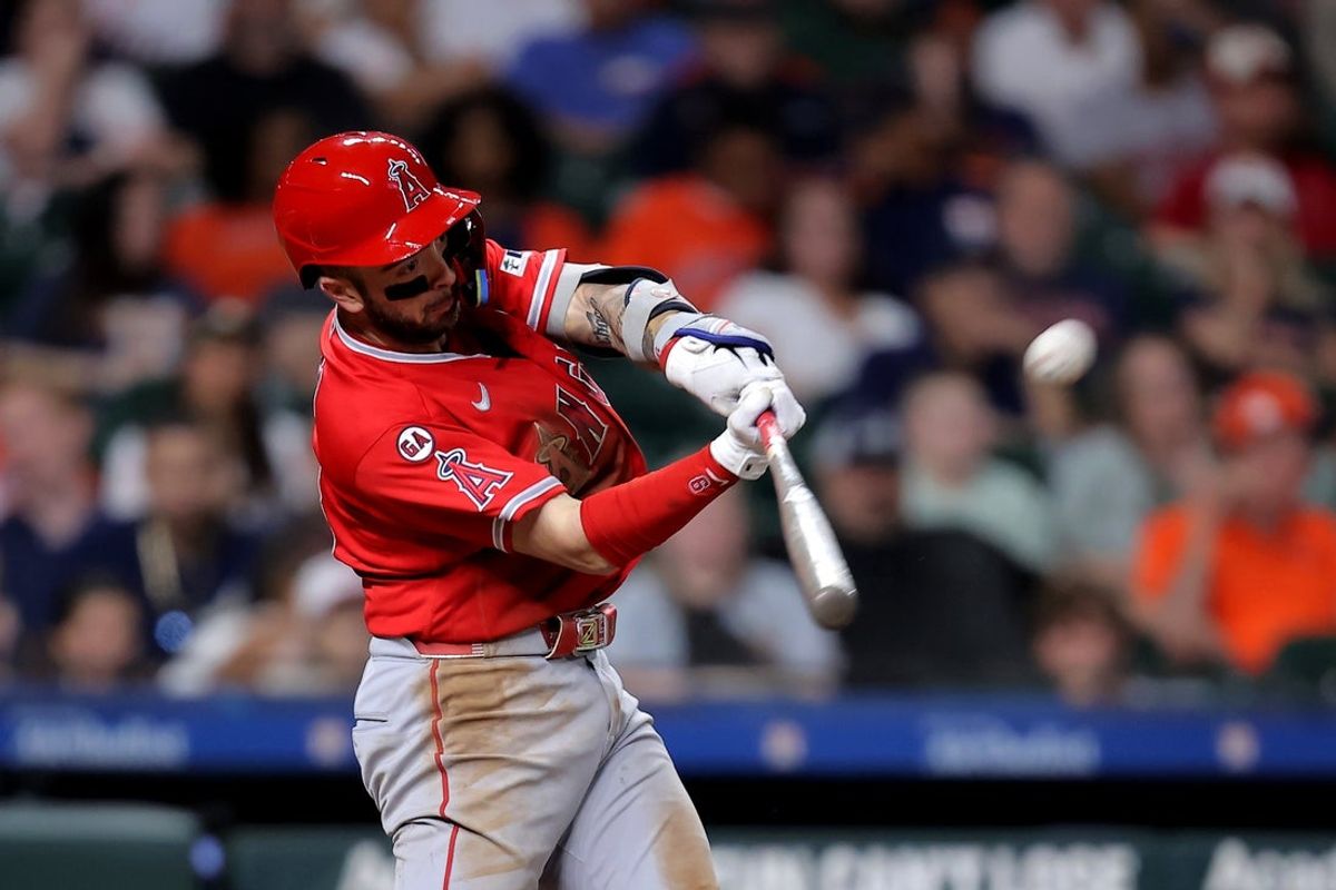 Aug 20, 2026; Houston, Texas, USA;  Los Angeles Angels shortstop Zach Neto (9) hits a three-run home run against the Houston Astros during the fifth inning at Daikin Park.  Mandatory Credit: Erik Williams-Imagn Images