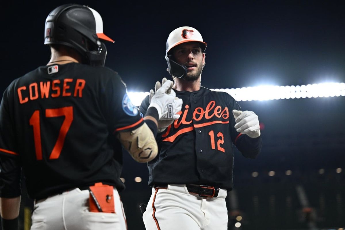 Aug 20, 2026; Baltimore, Maryland, USA;  Baltimore Orioles outfielder Dylan Beavers (12) celebrates with outfielder Colton Cowser (17) after hitting a home run in the fifth inning against the New York Yankees at Oriole Park at Camden Yards. Mandatory Credit: Jamie Sabau-Imagn Images