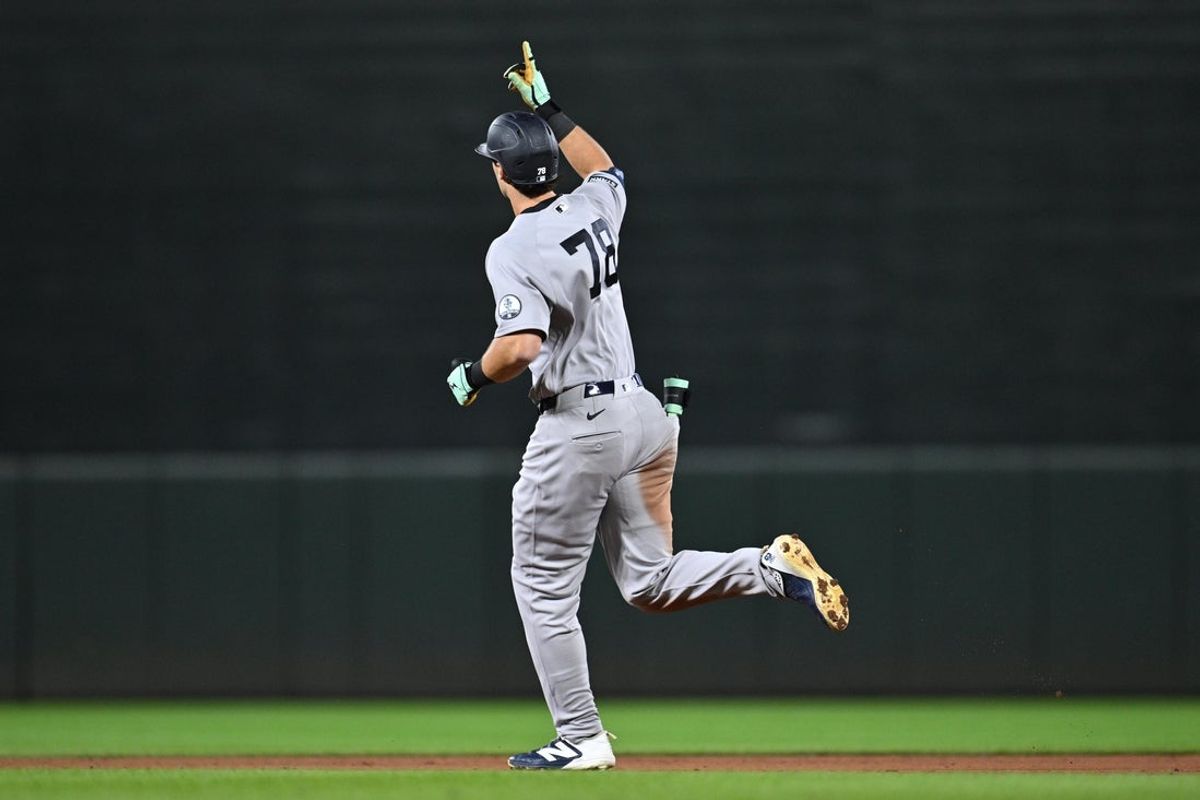 Aug 20, 2026; Baltimore, Maryland, USA;  New York Yankees outfielder Spencer Jones (78) celebrates as he rounds the bases after hitting a home run in the sixth inning against the Baltimore Orioles at Oriole Park at Camden Yards. Mandatory Credit: Jamie Sabau-Imagn Images