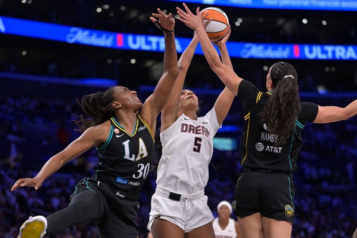 Aug 20, 2026; Los Angeles, California, USA; Los Angeles Sparks forward Nneka Ogwumike (30), Atlanta Dream forward Angel Reese (5) and Los Angeles Sparks forward Dearica Hamby (5) reach for a rebound in the second half at Crypto.com Arena. Mandatory Credit: Jayne Kamin-Oncea-Imagn Images