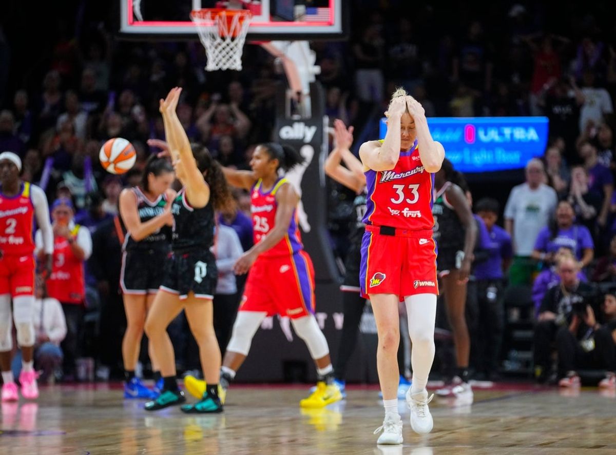 Mercury guard Sami Whitcomb (33) reacts after missing a shot to tie the game against the Fire during a game at Mortgage Matchup Center in Phoenix on Aug. 16, 2026.