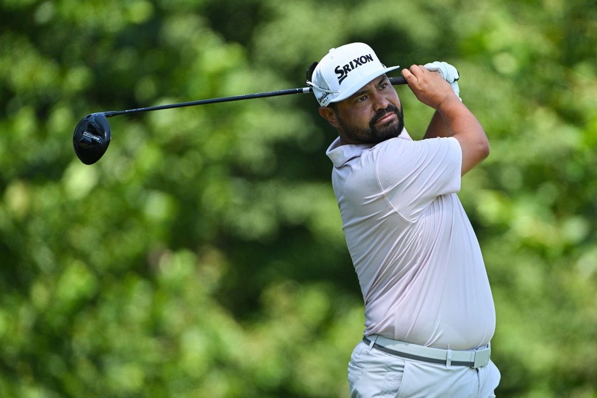 Aug 21, 2026; Saint Louis, Missouri, USA; J.J. Spaun plays his shot on the eighth tee during the second round of the BMW Championship golf tournament. Mandatory Credit: Jeff Curry-Imagn Images