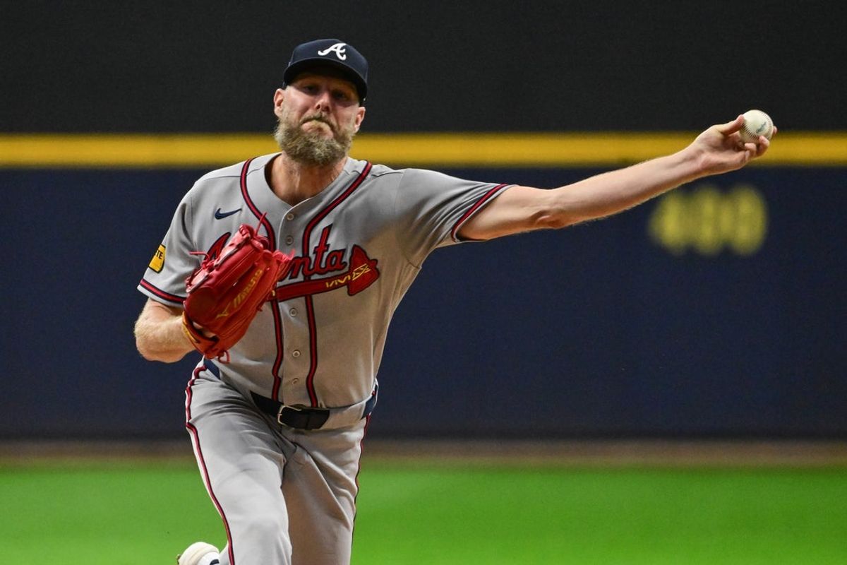 Aug 21, 2026; Milwaukee, Wisconsin, USA;  Atlanta Braves starting pitcher Chris Sale (51) throws a pitcher in the first inning against the Milwaukee Brewers at American Family Field.  Mandatory Credit: Benny Sieu-Imagn Images