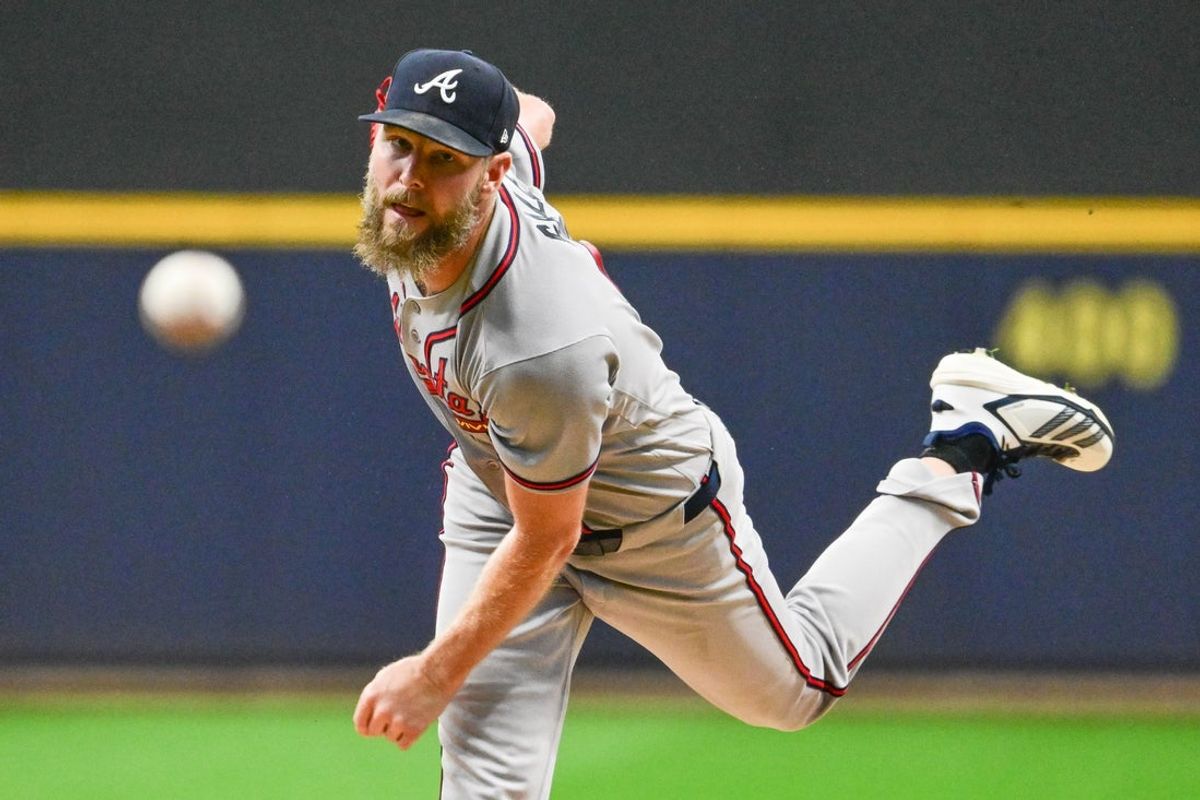 Aug 21, 2026; Milwaukee, Wisconsin, USA;  Atlanta Braves starting pitcher Chris Sale (51) throws a pitcher in the first inning against the Milwaukee Brewers at American Family Field.  Mandatory Credit: Benny Sieu-Imagn Images