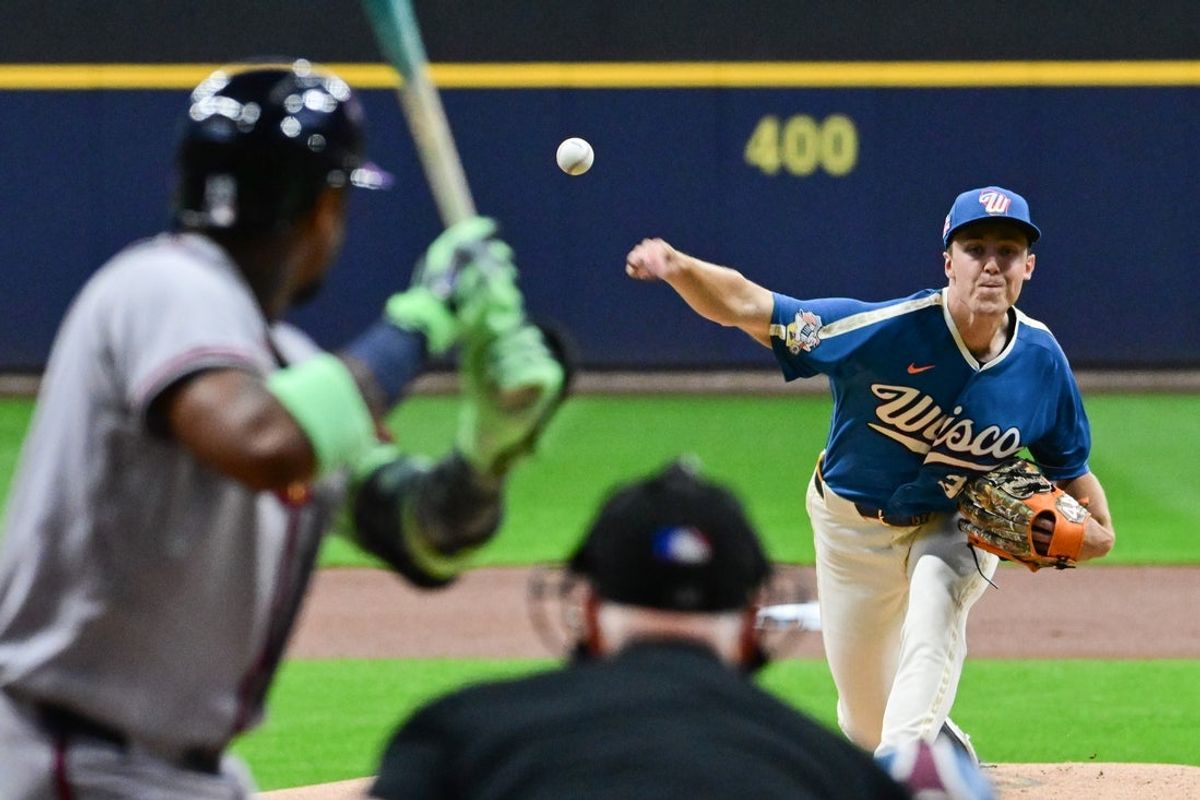 Aug 21, 2026; Milwaukee, Wisconsin, USA;  Milwaukee Brewers starting pitcher Jacob Misiorowski (32) throws a pitch in the first inning against the Atlanta Braves at American Family Field.  Mandatory Credit: Benny Sieu-Imagn Images
