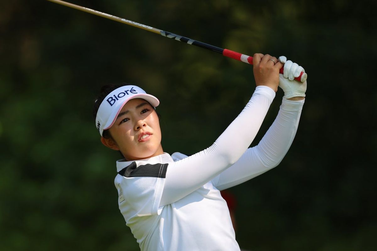 Aug 21, 2026; Edmonton, Alberta, CAN;  Miyu Yamashita hits her tee shot during the second round of the CPKC Women's Open golf tournament at Royal Mayfair Golf Club.  Mandatory Credit: James Maclennan-Imagn Images