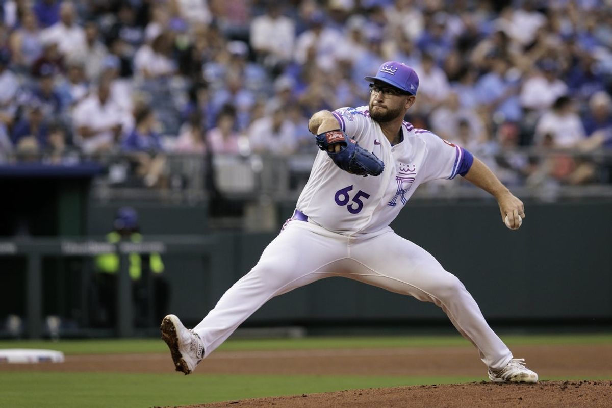 Aug 21, 2026; Kansas City, Missouri, USA;  Kansas City Royals pitcher Noah Cameron (65) pitches during the first inning against the Detroit Tigers  at Kauffman Stadium.  Mandatory Credit: William Purnell-Imagn Images