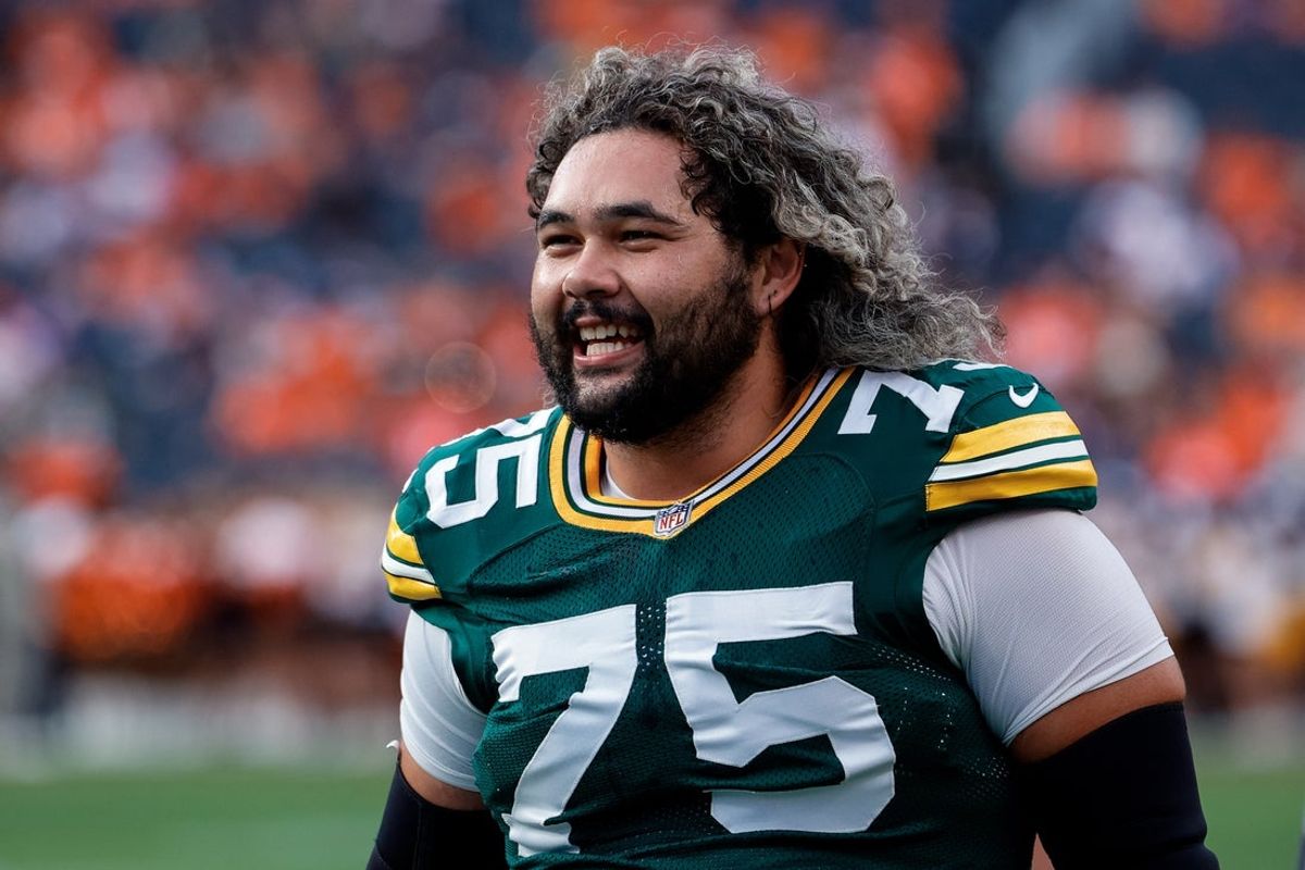 Aug 21, 2026; Denver, Colorado, USA; Green Bay Packers guard Sean Rhyan (75) before the game against the Denver Broncos at Empower Field at Mile High. Mandatory Credit: Isaiah J. Downing-Imagn Images