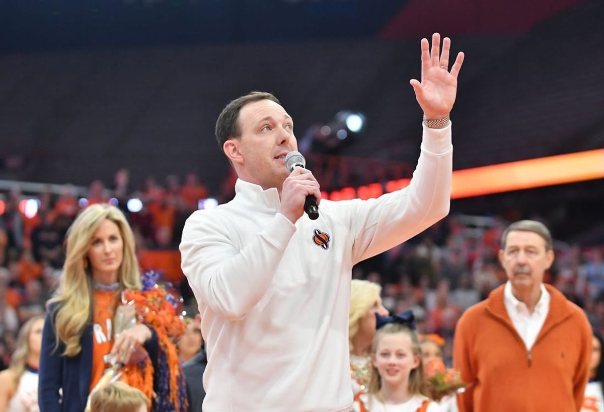Mar 4, 2023; Syracuse, New York, USA; Syracuse Orange  former player Gerry McNamara speaks to the crowd during a ceremony to retire his number at JMA Wireless Dome.
