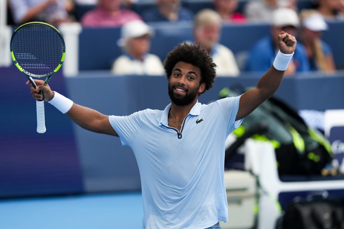 Aug 22, 2026; Mason, OH, USA;  Arthur Fils (FRA) celebrates defeating Flavio Cobolli (ITA) during the Cincinnati Open at Lindner Family Tennis Center. Mandatory Credit: Aaron Doster-Imagn Images