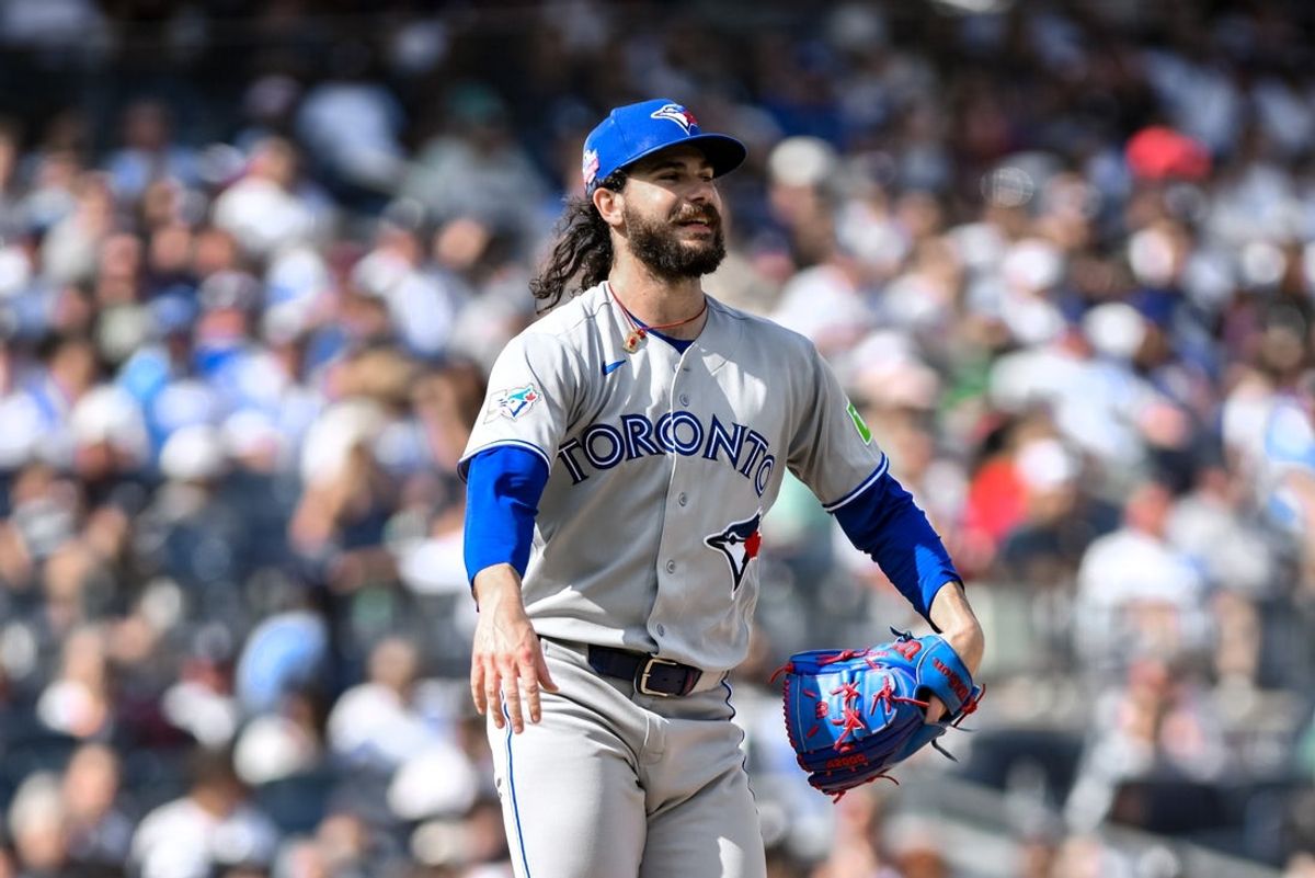 Aug 22, 2026; Bronx, New York, USA;  Toronto Blue Jays pitcher Dylan Cease (84) reacts during the sixth inning against the New York Yankees at Yankee Stadium.  Mandatory Credit: John Jones-Imagn Images