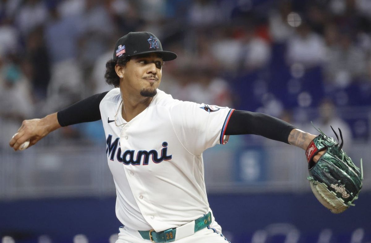 Aug 22, 2026; Miami, Florida, USA;  Miami Marlins starting pitcher Eury Perez (39) throws against the Washington Nationals during the first inning at loanDepot Park.  Mandatory Credit: Rhona Wise-Imagn Images