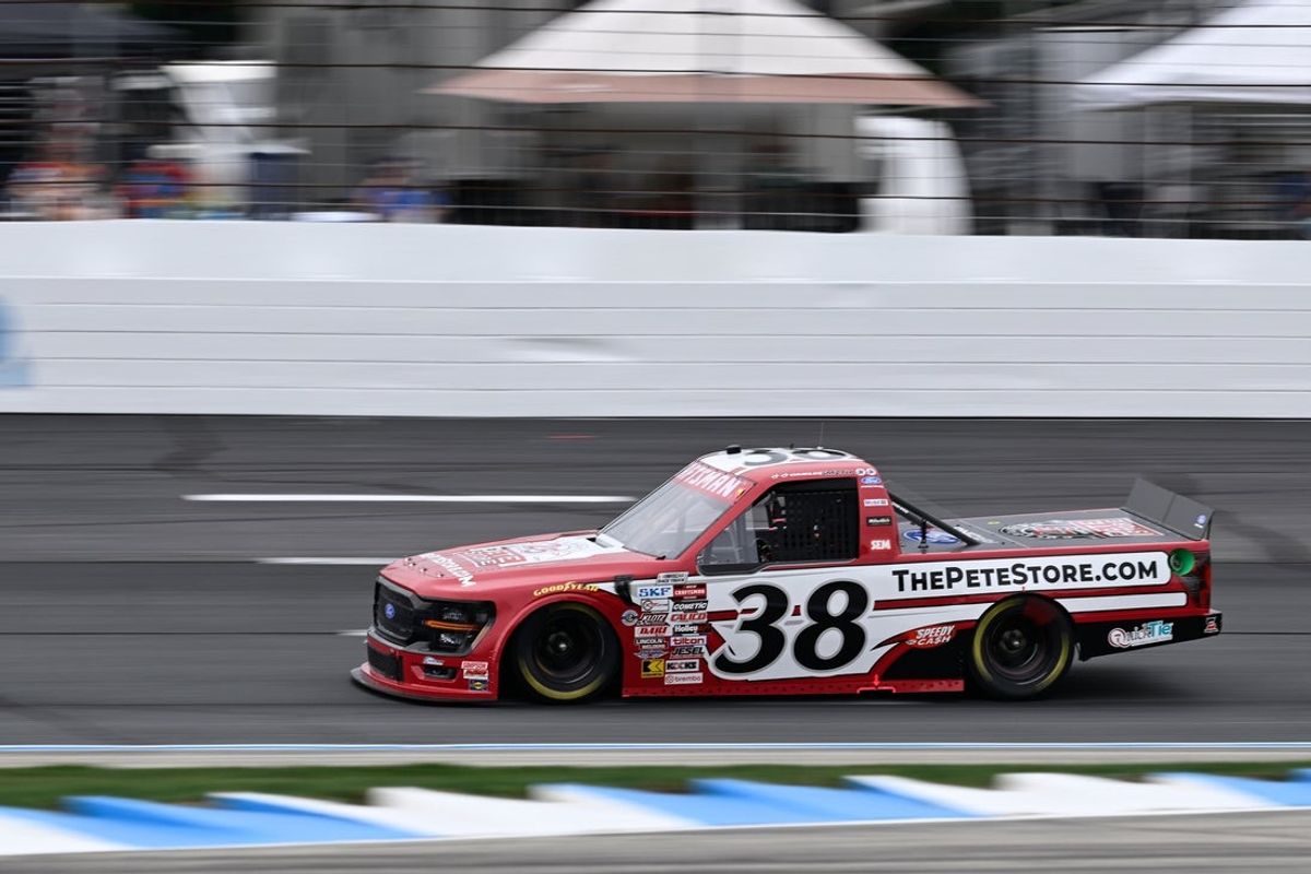 Aug 22, 2026; Loudon, New Hampshire, USA; Front Row Motorsports driver Chandler Smith (38) races during the Team EJP 175 at New Hampshire Motor Speedway. Mandatory Credit: Eric Canha-Imagn Images