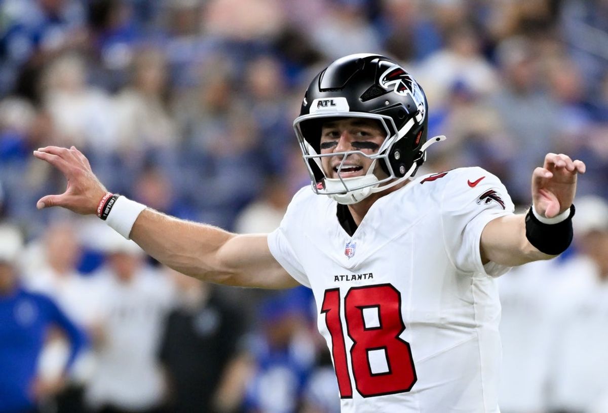 Aug 22, 2026; Indianapolis, Indiana, USA; Atlanta Falcons quarterback Jack Strand (18) initiates the offense against the Indianapolis Colts during the second half at Lucas Oil Stadium. Mandatory Credit: Robert Goddin-Imagn Images
