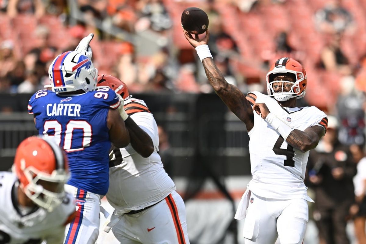 Aug 22, 2026; Cleveland, Ohio, USA; Cleveland Browns quarterback Deshaun Watson (4) throws a pass during the second half against the Buffalo Bills at Huntington Bank Field. Mandatory Credit: Ken Blaze-Imagn Images