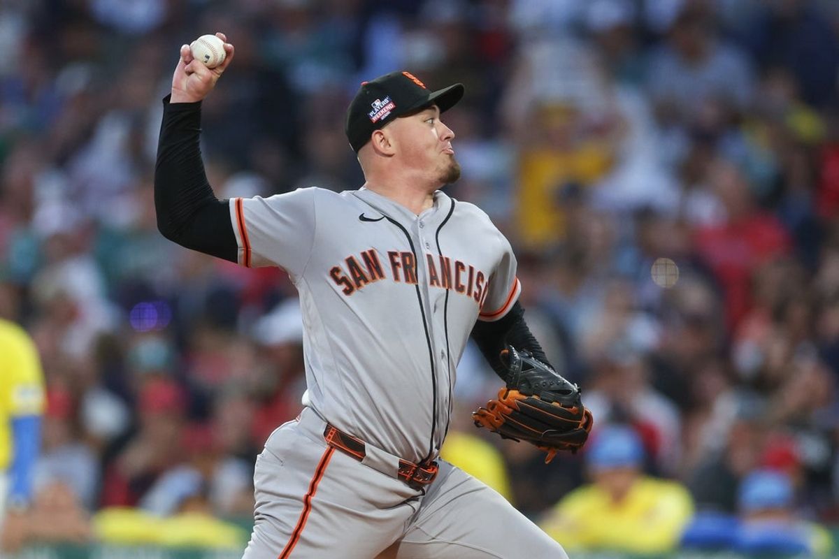 Aug 22, 2026; Boston, Massachusetts, USA; San Francisco Giants starting pitcher Blade Tidwell (46) delivers a pitch during the first inning against the Boston Red Sox at Fenway Park. Mandatory Credit: Paul Rutherford-Imagn Images
