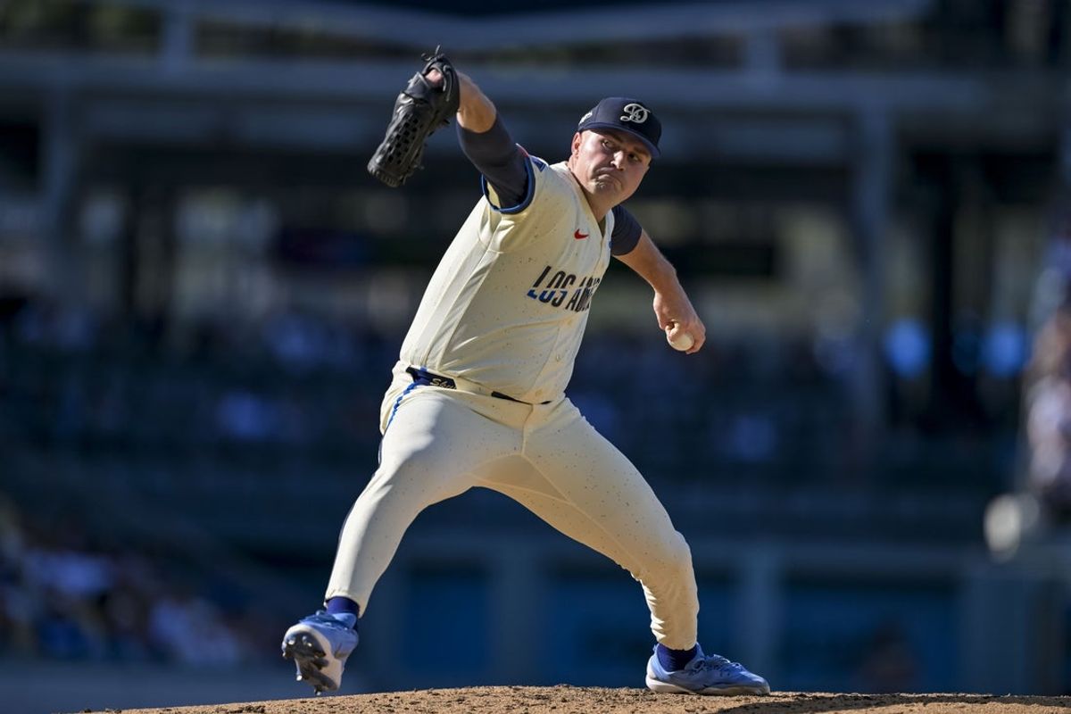 Aug 22, 2026; Los Angeles, California, USA; Los Angeles Dodgers pitcher Tarik Skubal (29) pitches during the third inning at Dodger Stadium. Mandatory Credit: Jayne Kamin-Oncea-Imagn Images