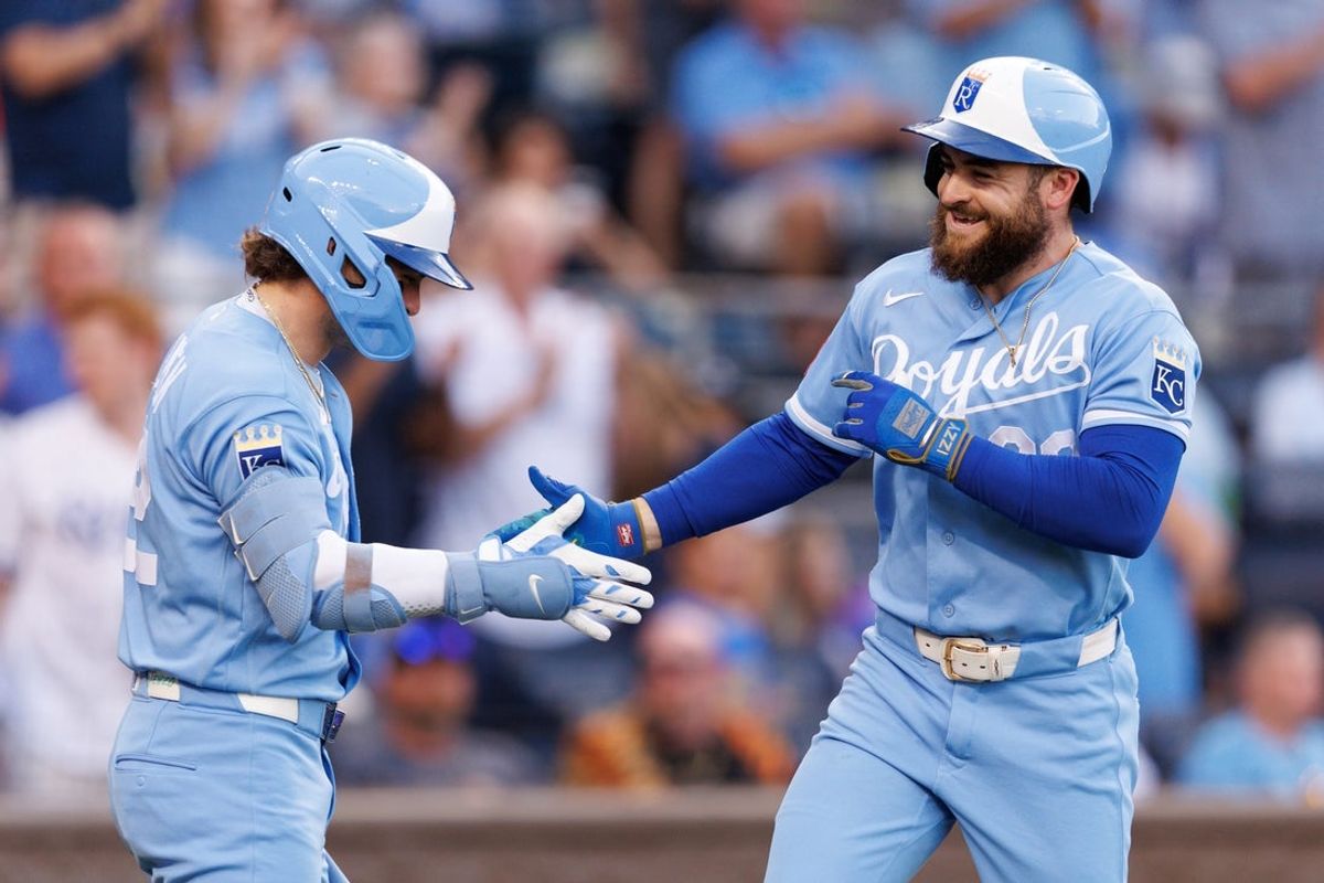 Aug 22, 2026; Kansas City, Missouri, USA;  Kansas City Royals center fielder Kyle Isbel (28) celebrates with catcher Carter Jensen (22) after hitting a home run during the third inning against the Detroit Tigers at Kauffman Stadium.  Mandatory Credit: William Purnell-Imagn Images