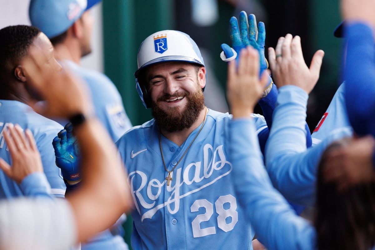Aug 22, 2026; Kansas City, Missouri, USA;  Kansas City Royals center fielder Kyle Isbel (28) celebrates with teammates in the dugout after hitting a home run during the third inning against the Detroit Tigers at Kauffman Stadium.  Mandatory Credit: William Purnell-Imagn Images