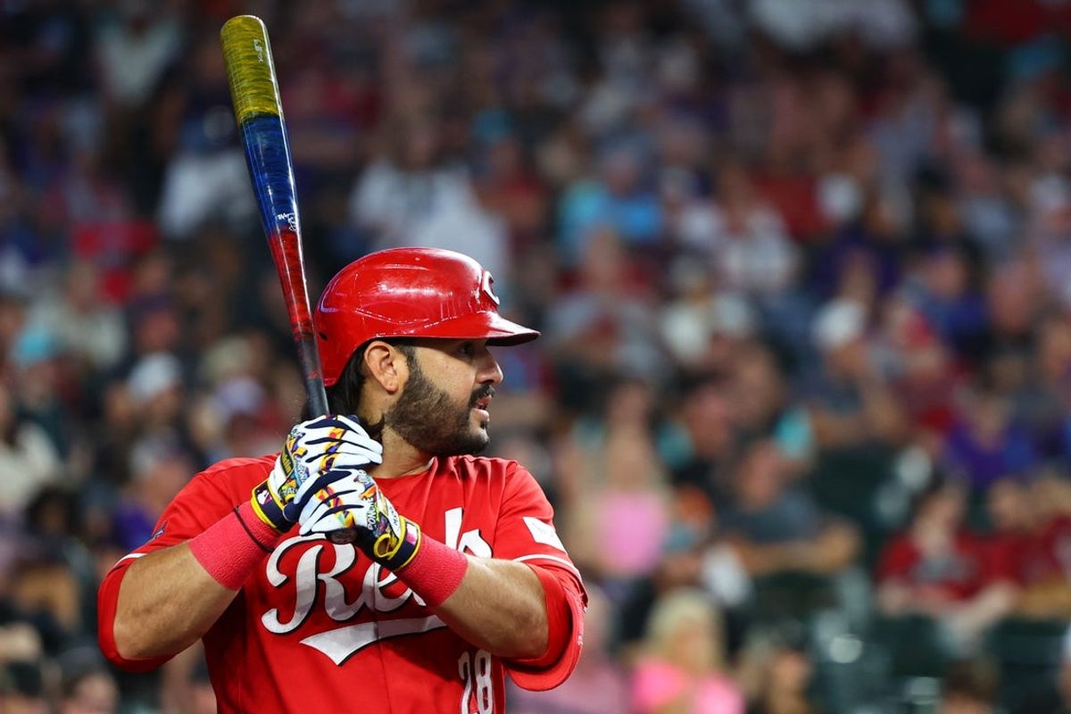 Aug 22, 2026; Phoenix, Arizona, USA;  Cincinnati Reds designated hitter Eugenio Suarez (28) prepares to bat with his PlayersO Weekend bat against the Arizona Diamondbacks in the first inning at Chase Field.  Mandatory Credit: Anna Carrington-Imagn Images