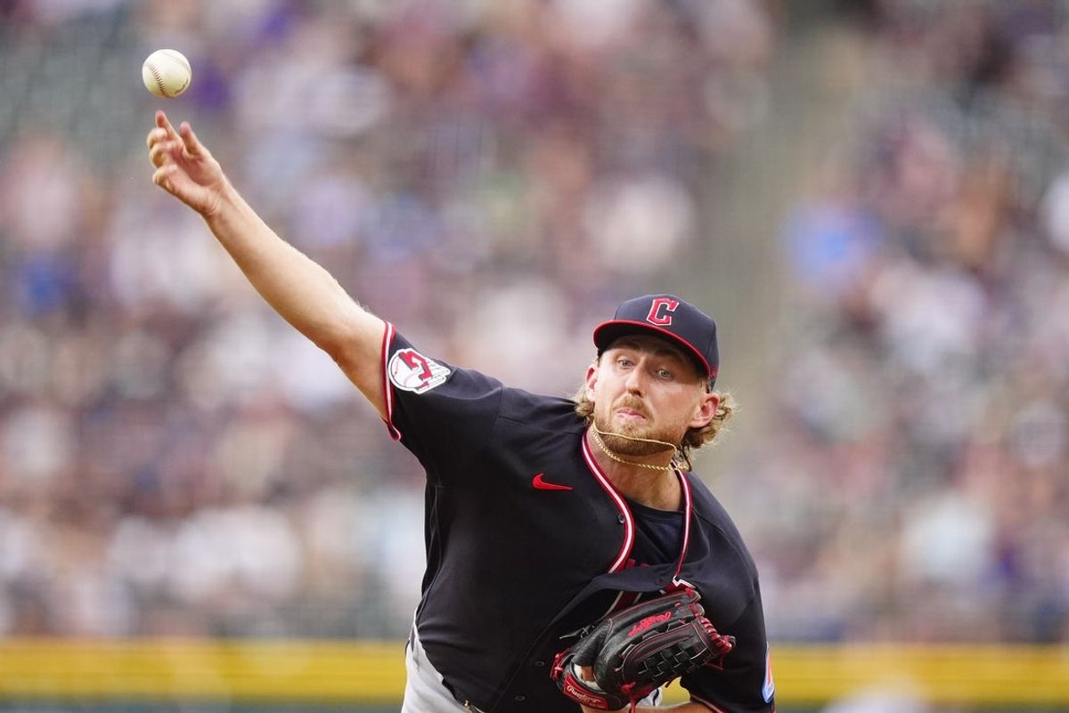 Aug 22, 2026; Denver, Colorado, USA;  Cleveland Guardians starting pitcher Tanner Bibee (28) delivers a pitch in the first inning against the Colorado Rockies at Coors Field.  Mandatory Credit: Ron Chenoy-Imagn Images