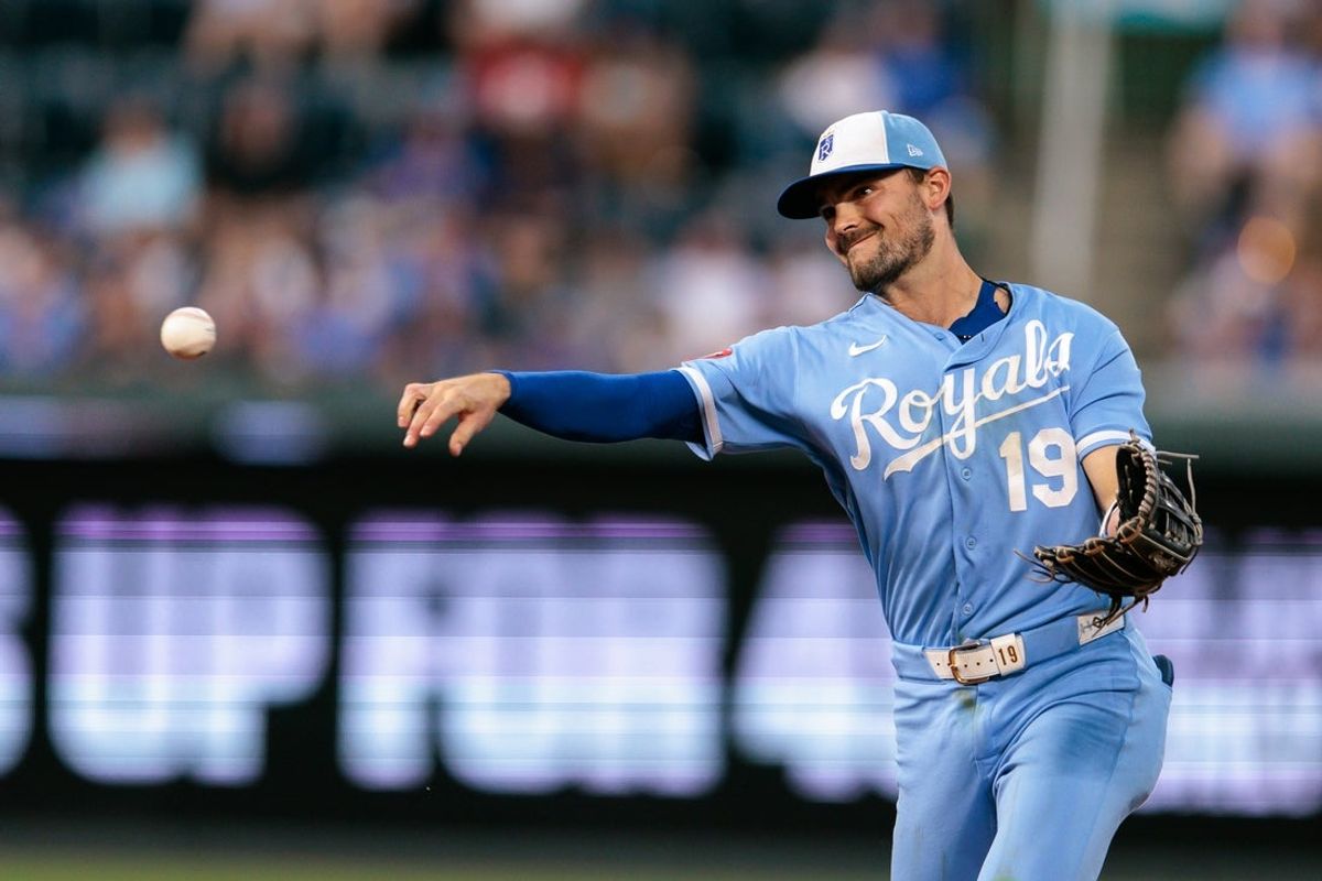 Aug 22, 2026; Kansas City, Missouri, USA;  Kansas City Royals second baseman Michael Massey (19) throws to first base during the seventh inning against the Detroit Tigers at Kauffman Stadium.  Mandatory Credit: William Purnell-Imagn Images