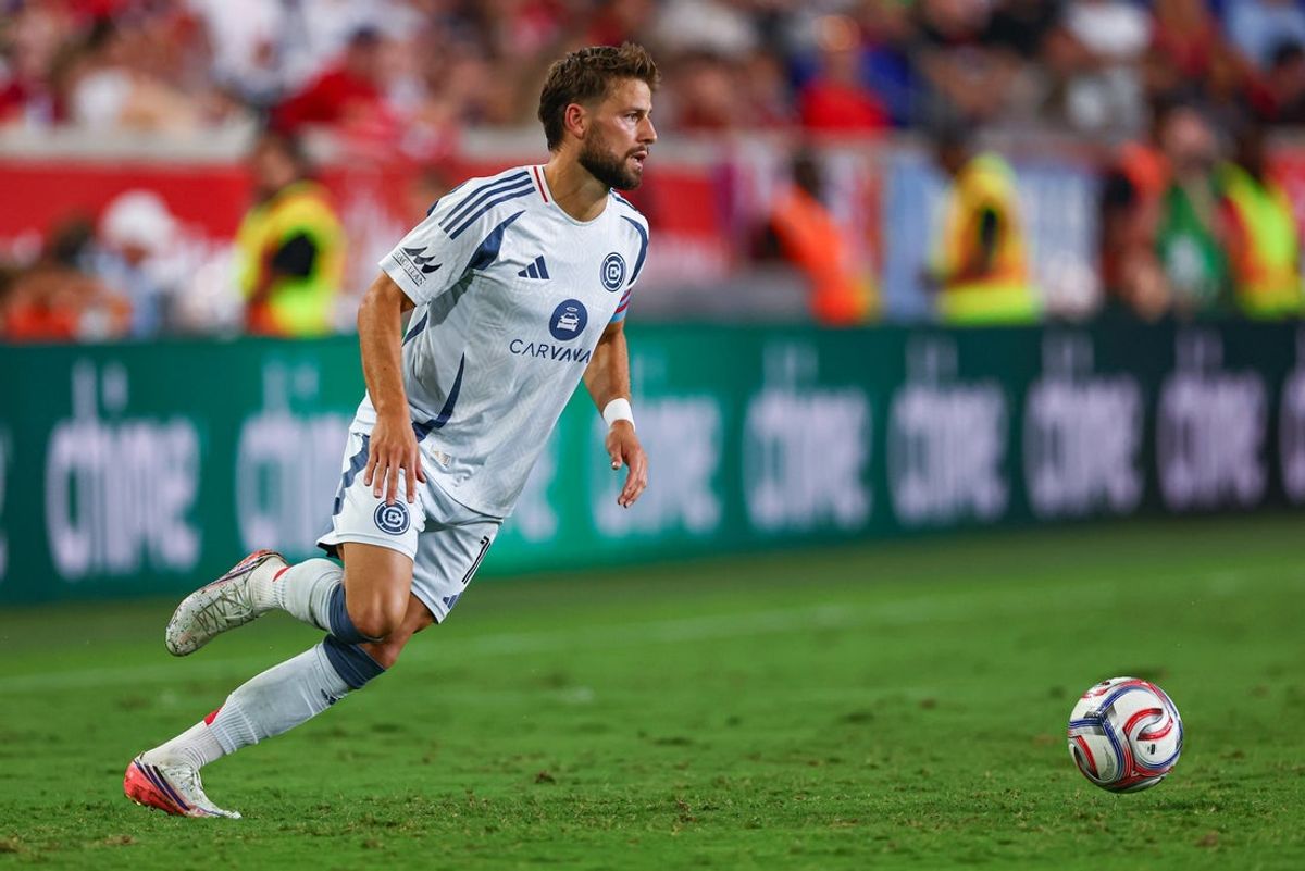 Aug 22, 2026; Harrison, New Jersey, USA;  Chicago Fire FC forward Philip Zinckernagel (11) controls the ball against the Red Bull New York in the second half at Sports Illustrated Stadium. Mandatory Credit: Vincent Carchietta-Imagn Images