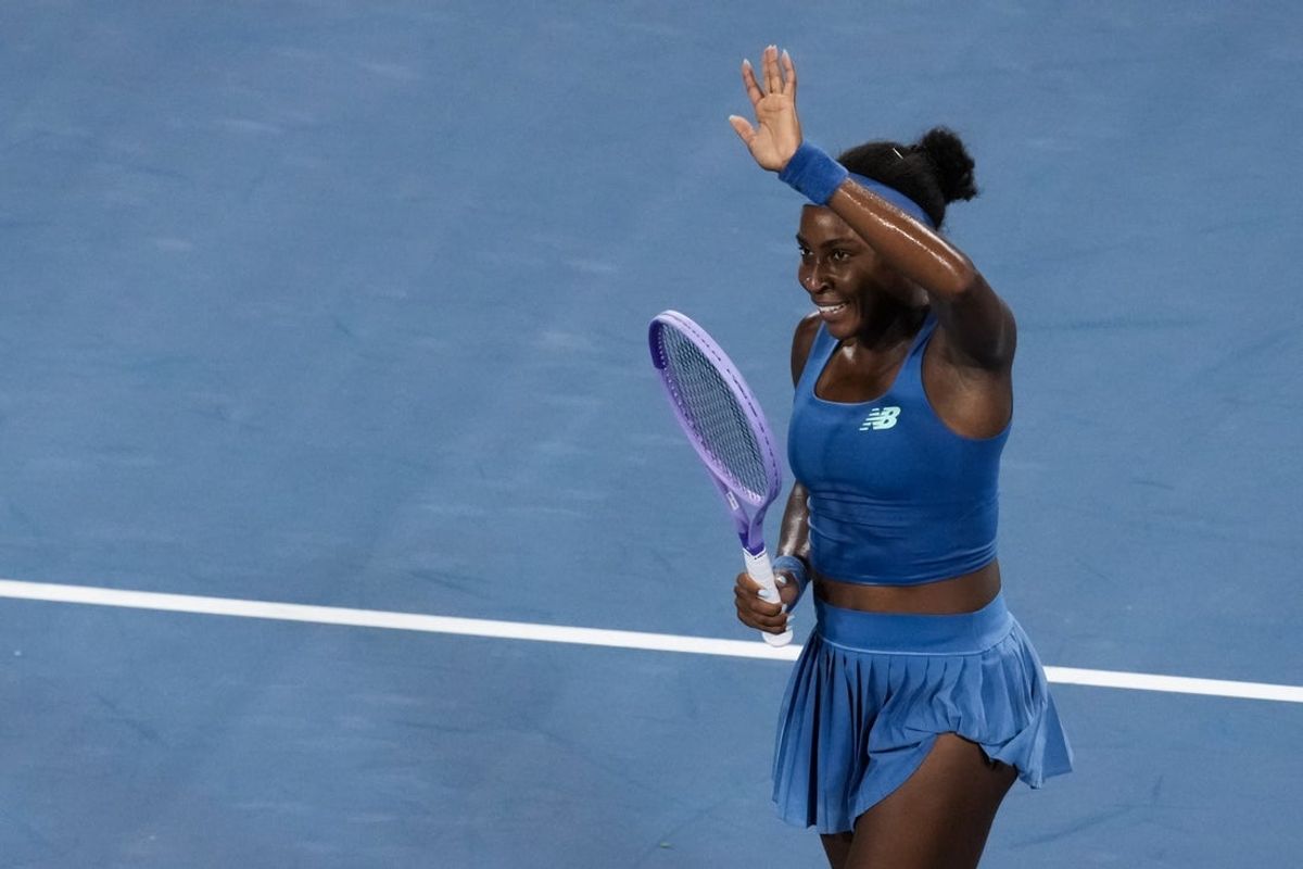 Aug 22, 2026; Mason, OH, USA;  Coco Gauff (USA) celebrates defeating Sara Bejlek (CZE) during the Cincinnati Open at Lindner Family Tennis Center. Mandatory Credit: Aaron Doster-Imagn Images