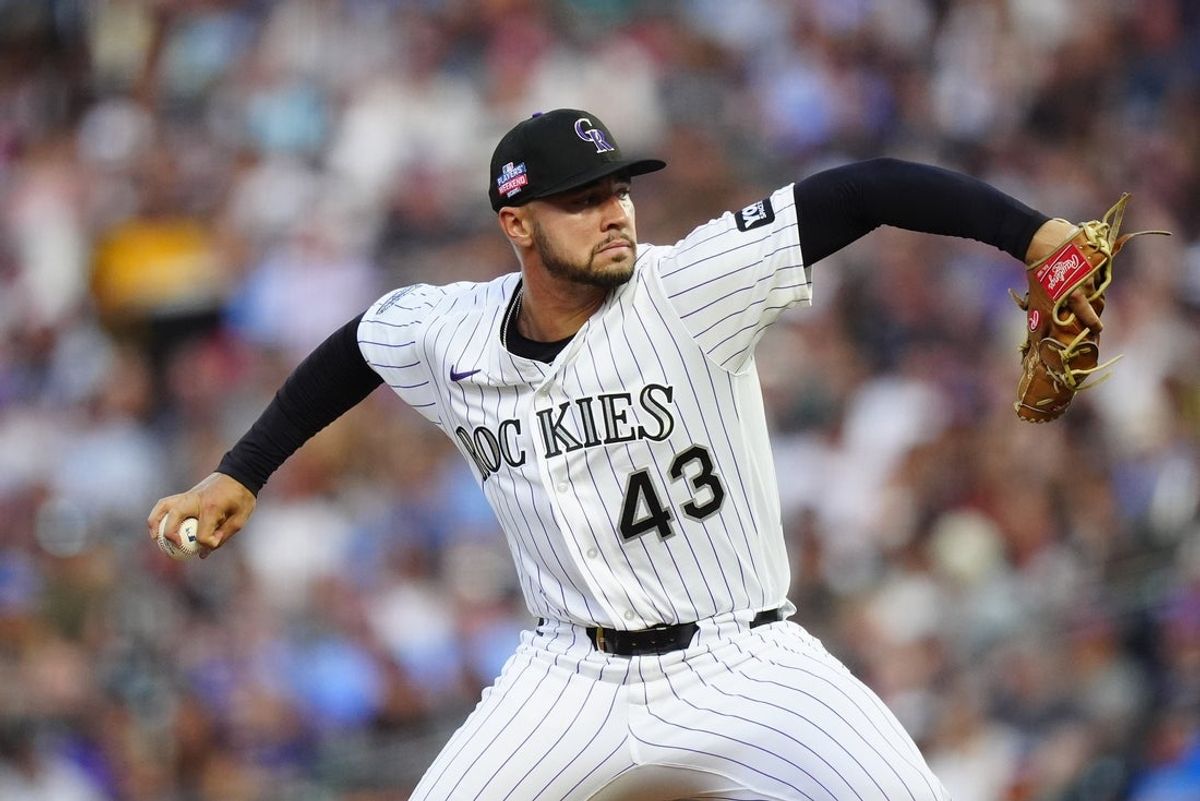 Aug 22, 2026; Denver, Colorado, USA;  Colorado Rockies starting pitcher Gabriel Hughes (43) throws a pitch in the fourth inning against the Cleveland Guardians at Coors Field.  Mandatory Credit: Ron Chenoy-Imagn Images