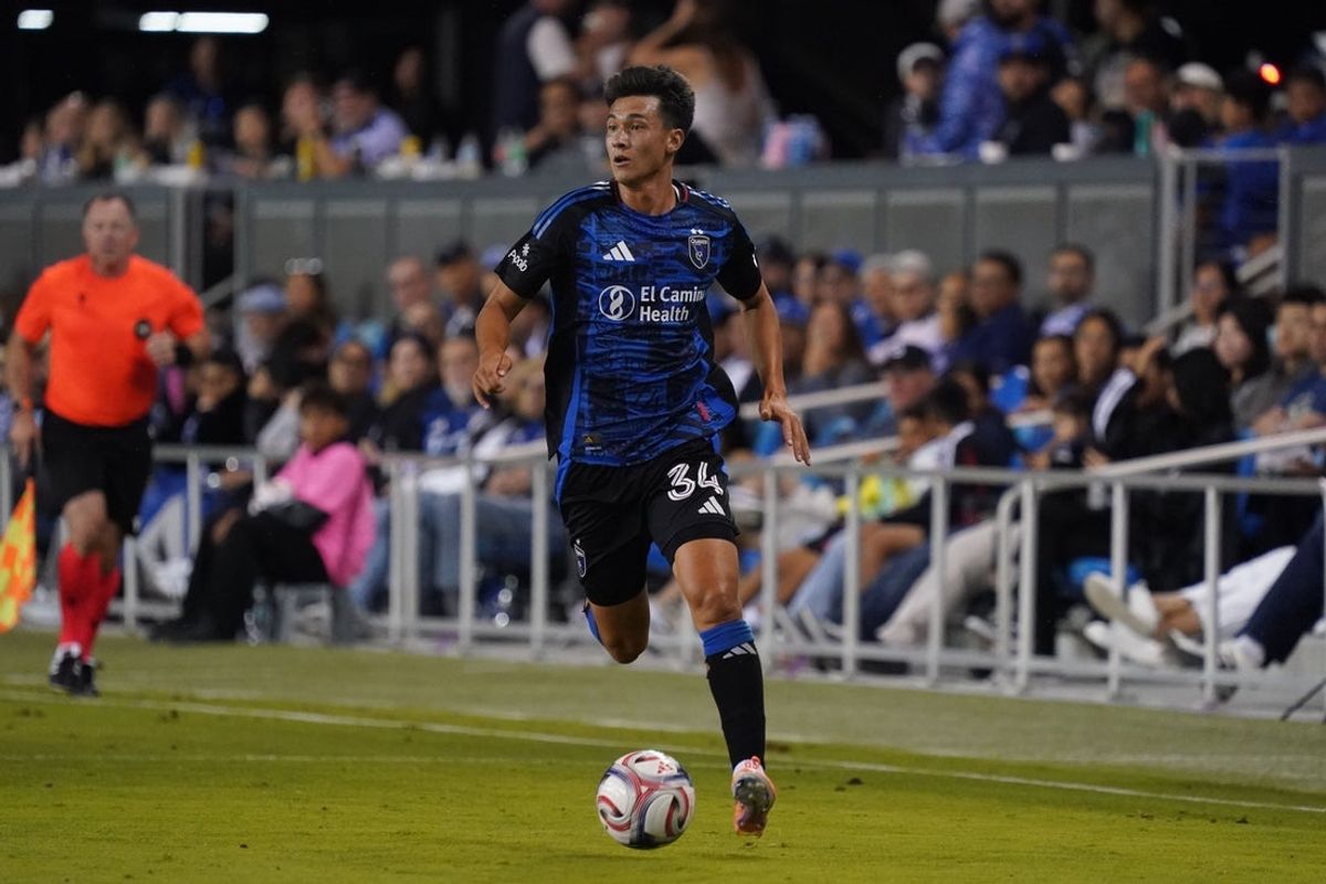 Aug 22, 2026; San Jose, California, USA;  San Jose Earthquakes midfielder Beau Leroux (34) dribbles the ball against Minnesota United in the first half at PayPal Park.  Mandatory Credit: David Gonzales-Imagn Images