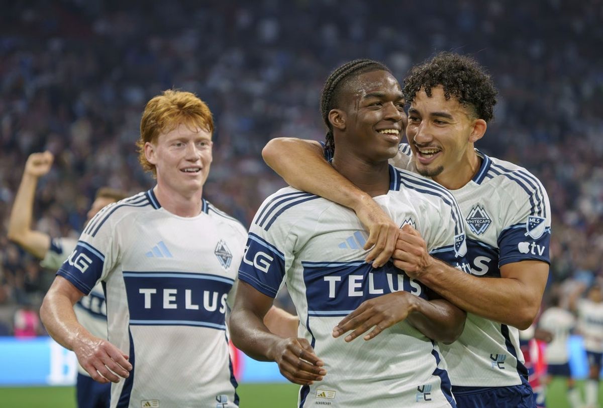 Aug 22, 2026; Vancouver, British Columbia, CAN;  Vancouver Whitecaps FC forward Bruno Caicedo (14) celebrates with forward Rayan Elloumi (19) after scoring a goal in the second half against FC Dallas at BC Place.  Mandatory Credit: Christopher Morris-Imagn Images