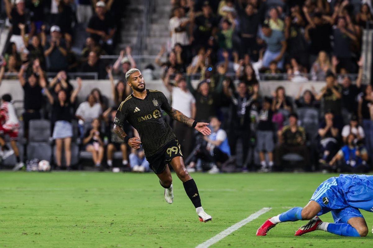 Aug 22, 2026; Los Angeles, California, USA;  Los Angeles Football Club forward Denis Bouanga (99) celebrates after scoring a goal against the Portland Timbers in the second half at BMO Stadium.  Mandatory Credit: William Navarro-Imagn Images