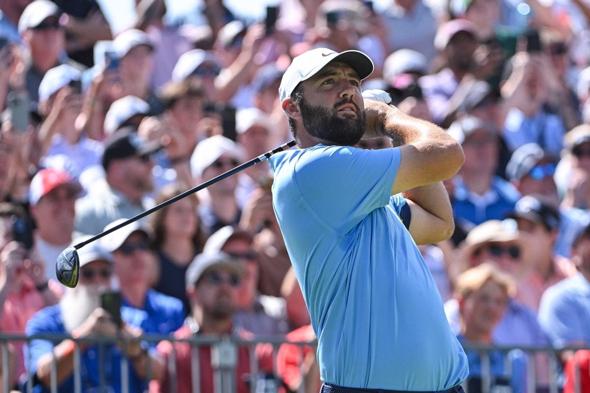 Aug 23, 2026; Saint Louis, Missouri, USA; Scottie Scheffler plays his shot on the first tee during the final round of the BMW Championship golf tournament. Mandatory Credit: Jeff Curry-Imagn Images